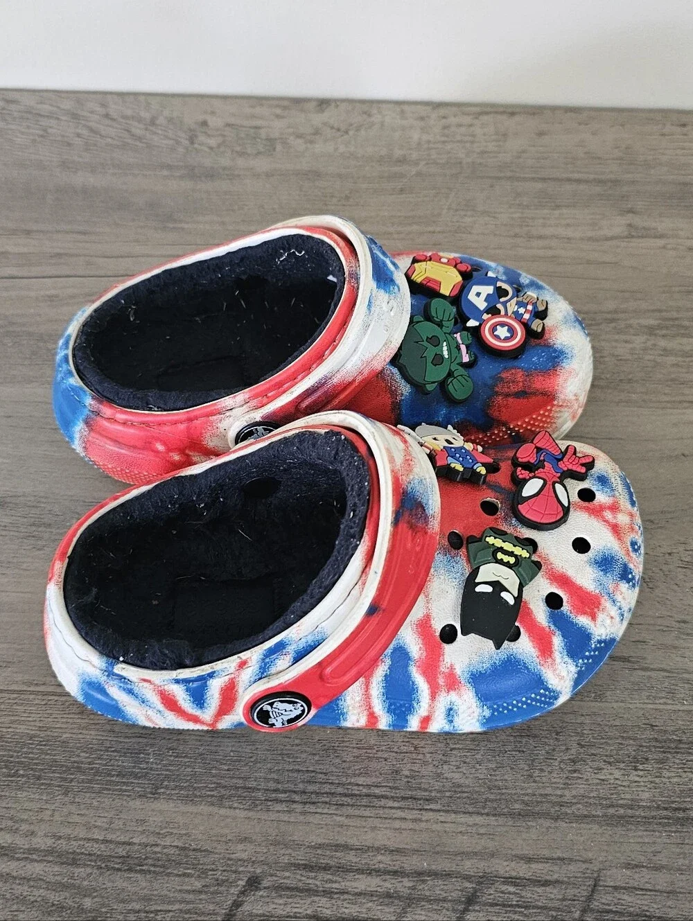 Crocs Kids Tie Dye Clog Superhero Charms Red Blue White Toddler Boy 8 Plush